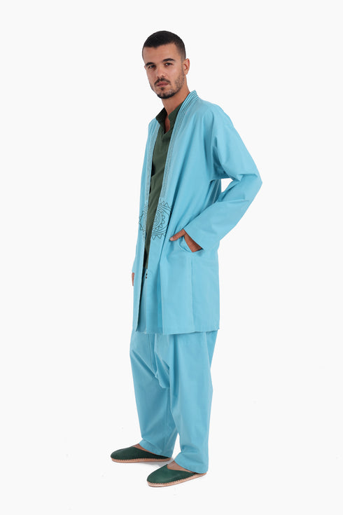 Embroidery long jacket on front and back with pockets